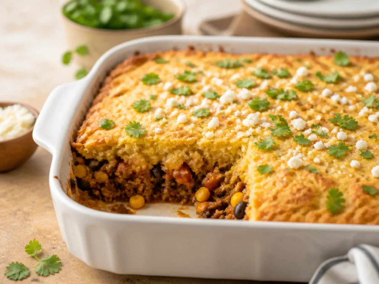 Cornbread-crusted taco pie sliced to show a firm base and filling