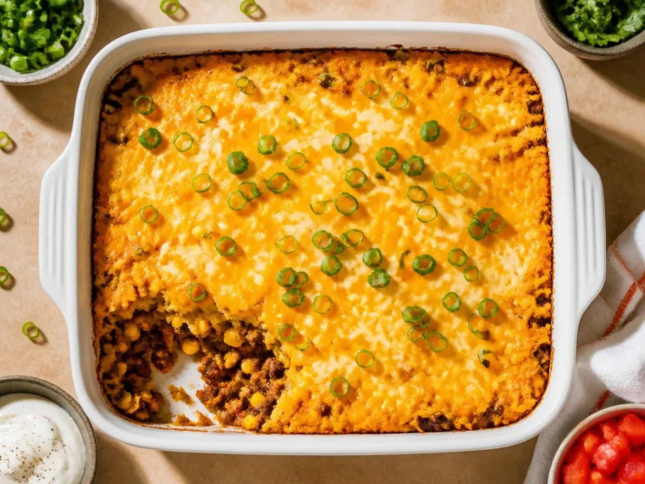 Bottom-layered taco cornbread casserole with cornbread base under a beef and cheese topping