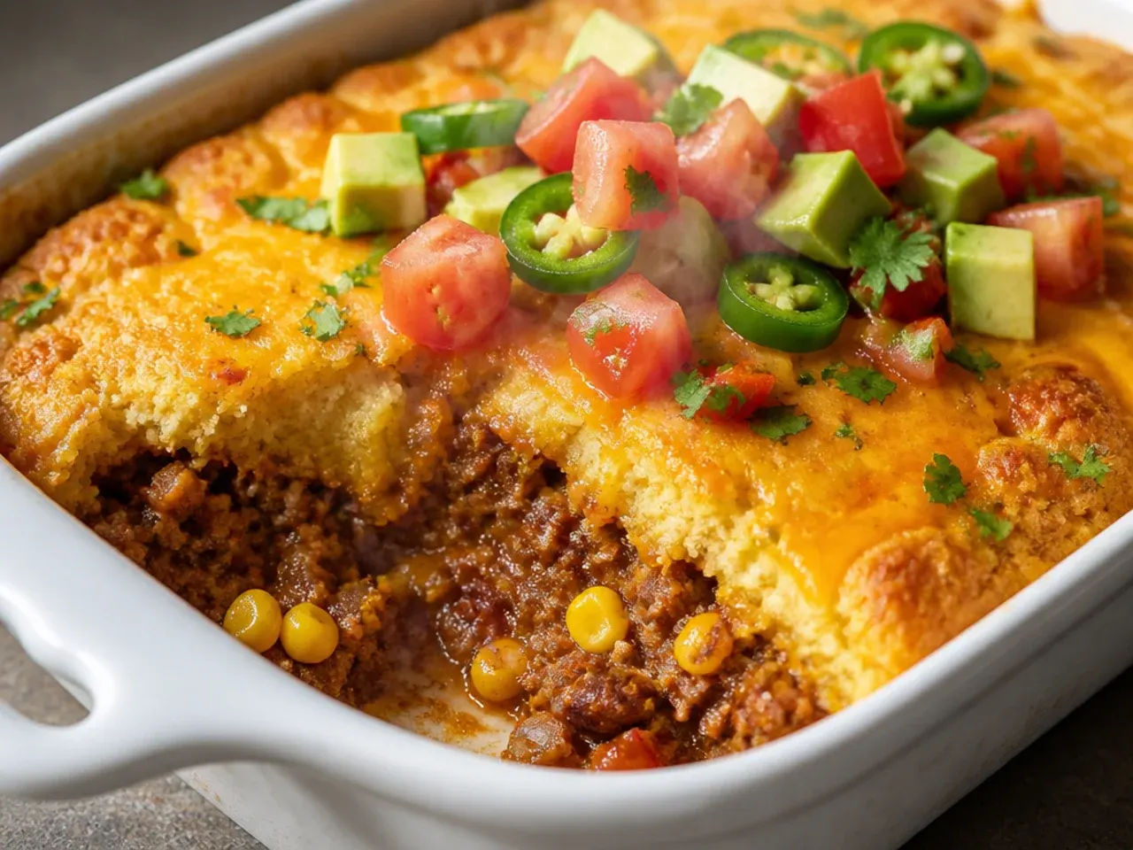 Cheesy chilli-topped taco cornbread casserole with a saucier filling underneath