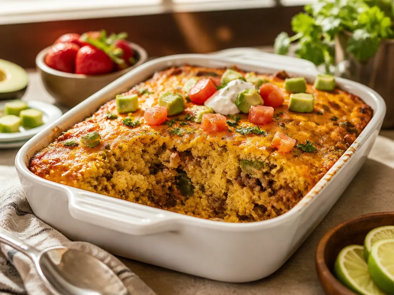 Green chile taco cornbread casserole with roasted poblano strips visible in the filling