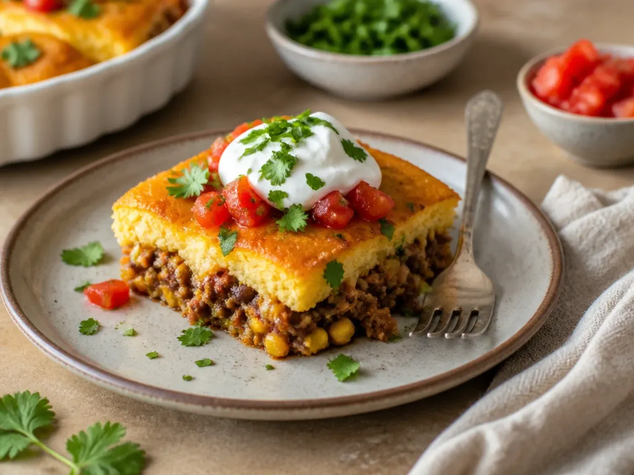 Plated serving of taco cornbread casserole with salad and avocado on the side