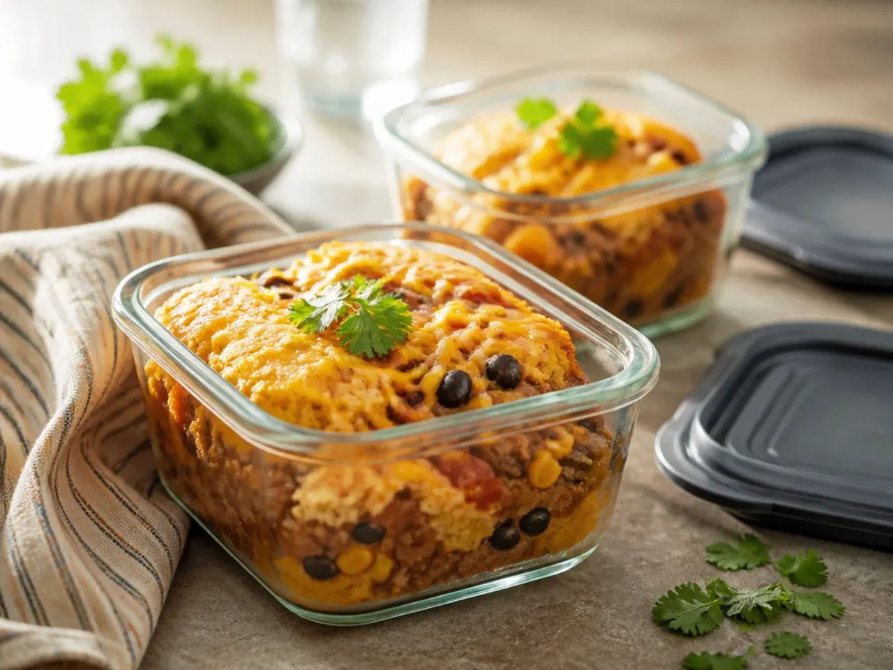 Taco cornbread casserole portioned into containers for storing in the fridge
