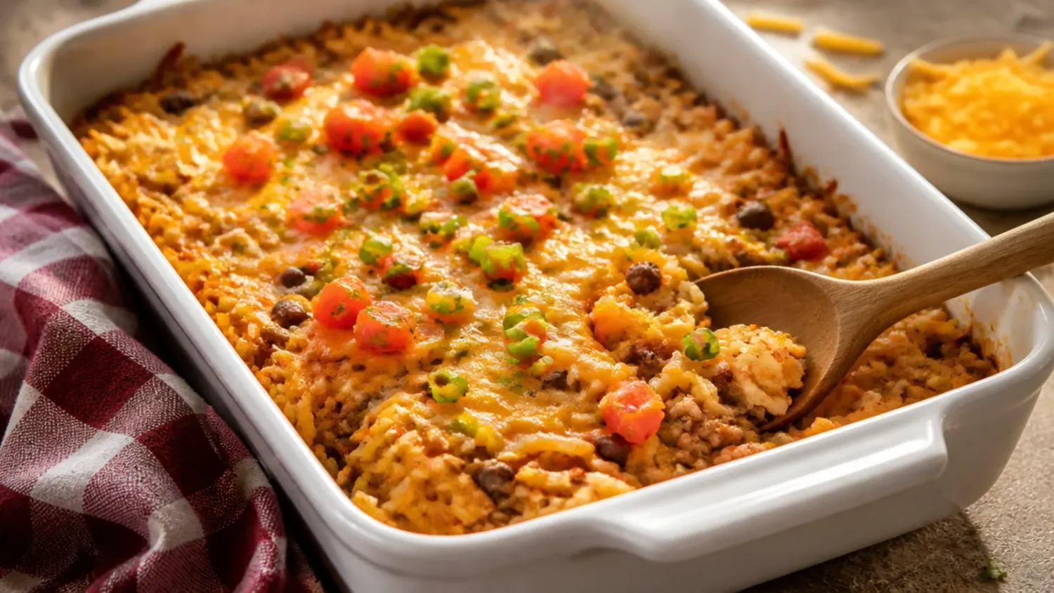 Overhead view of a baked taco hashbrown casserole in a 9x13 dish, topped with melted cheese, sour cream, salsa and fresh coriander