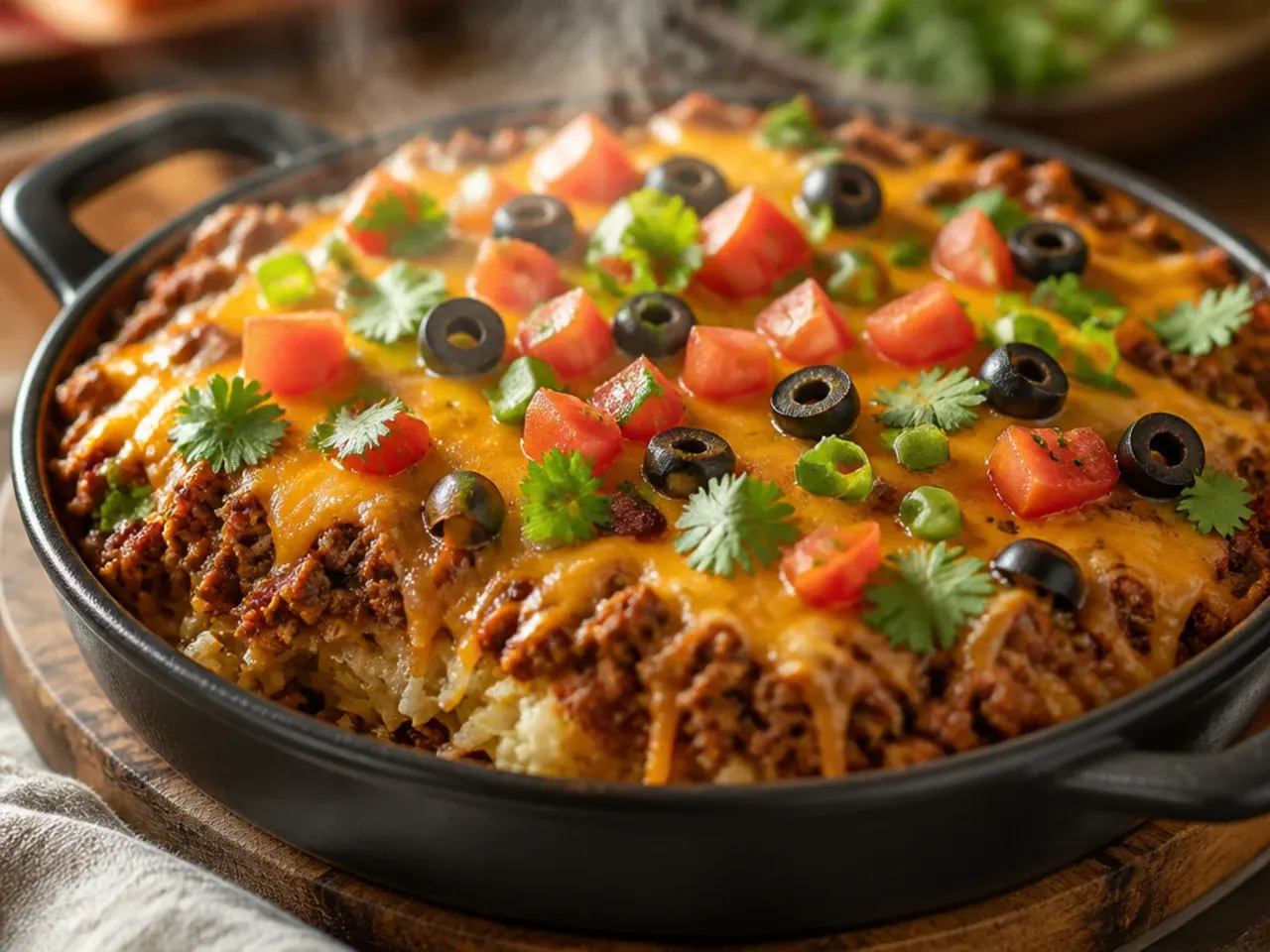 Overhead shot of a bubbling taco hashbrown casserole in a white baking dish, topped with melted cheese, sour cream and fresh coriander