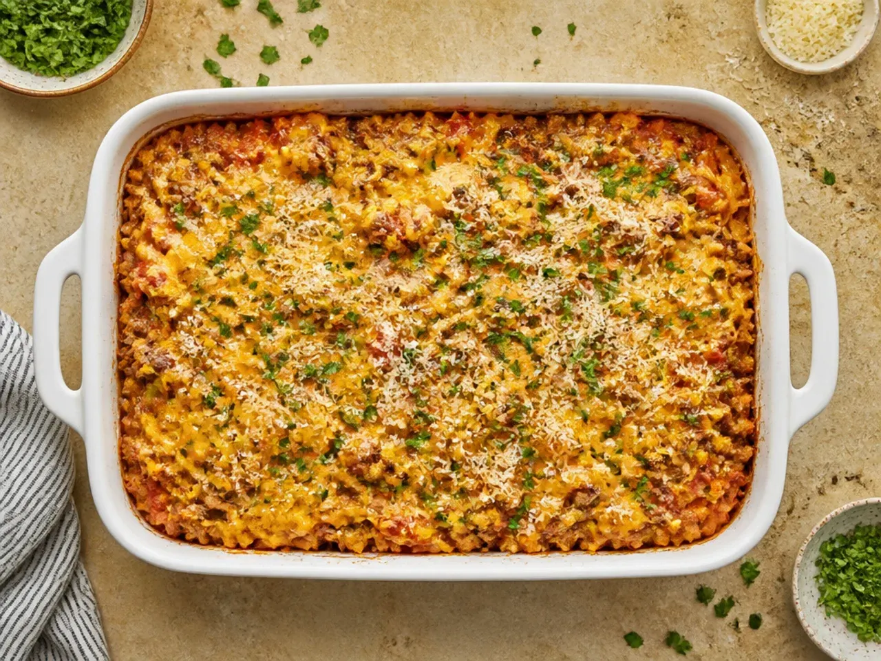 Close-up of classic taco hashbrown casserole in a baking dish, beef and melted cheese visible