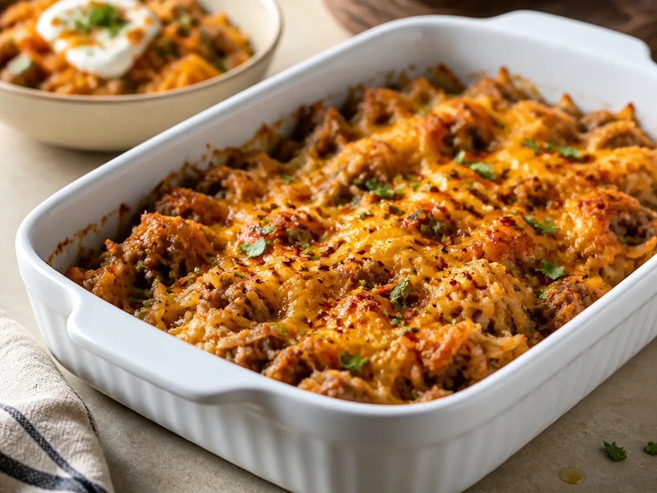 Simple five-ingredient taco hashbrown bake fresh out of the oven with melted cheese on top