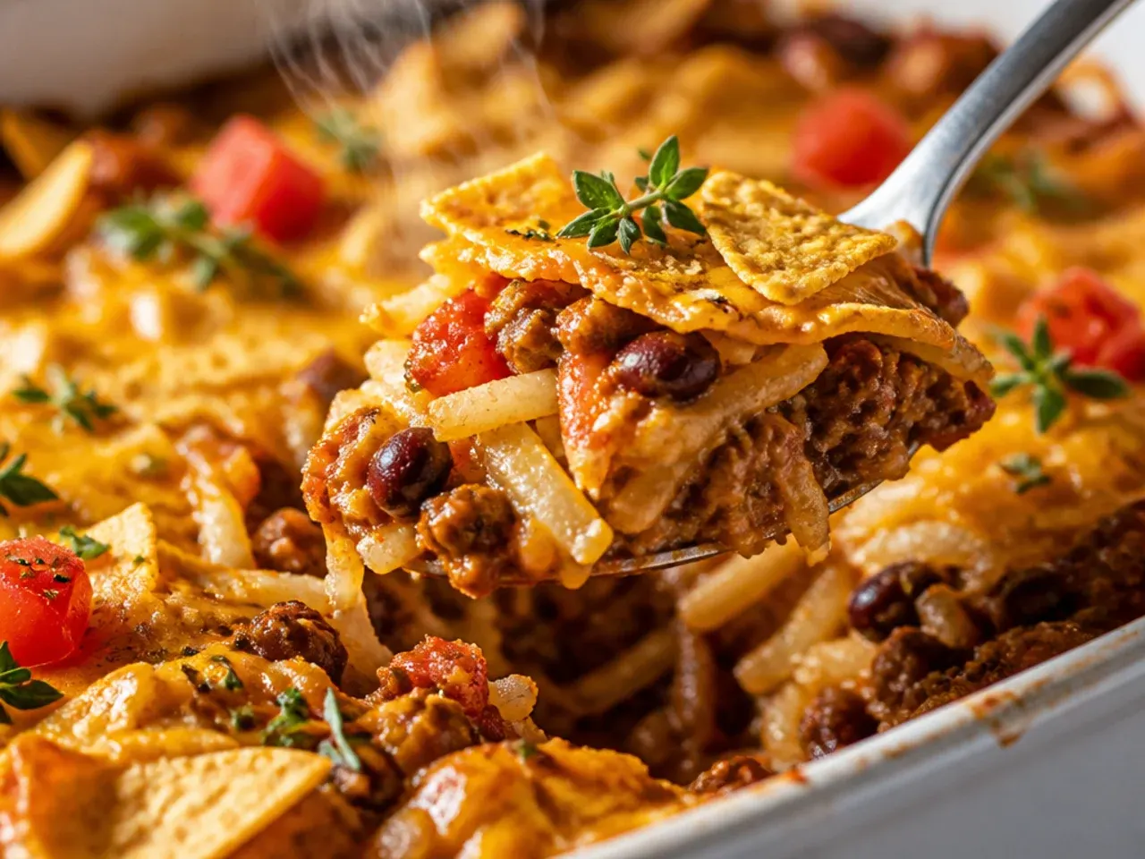 Hearty taco hashbrown casserole loaded with black beans and diced tomatoes in a baking dish