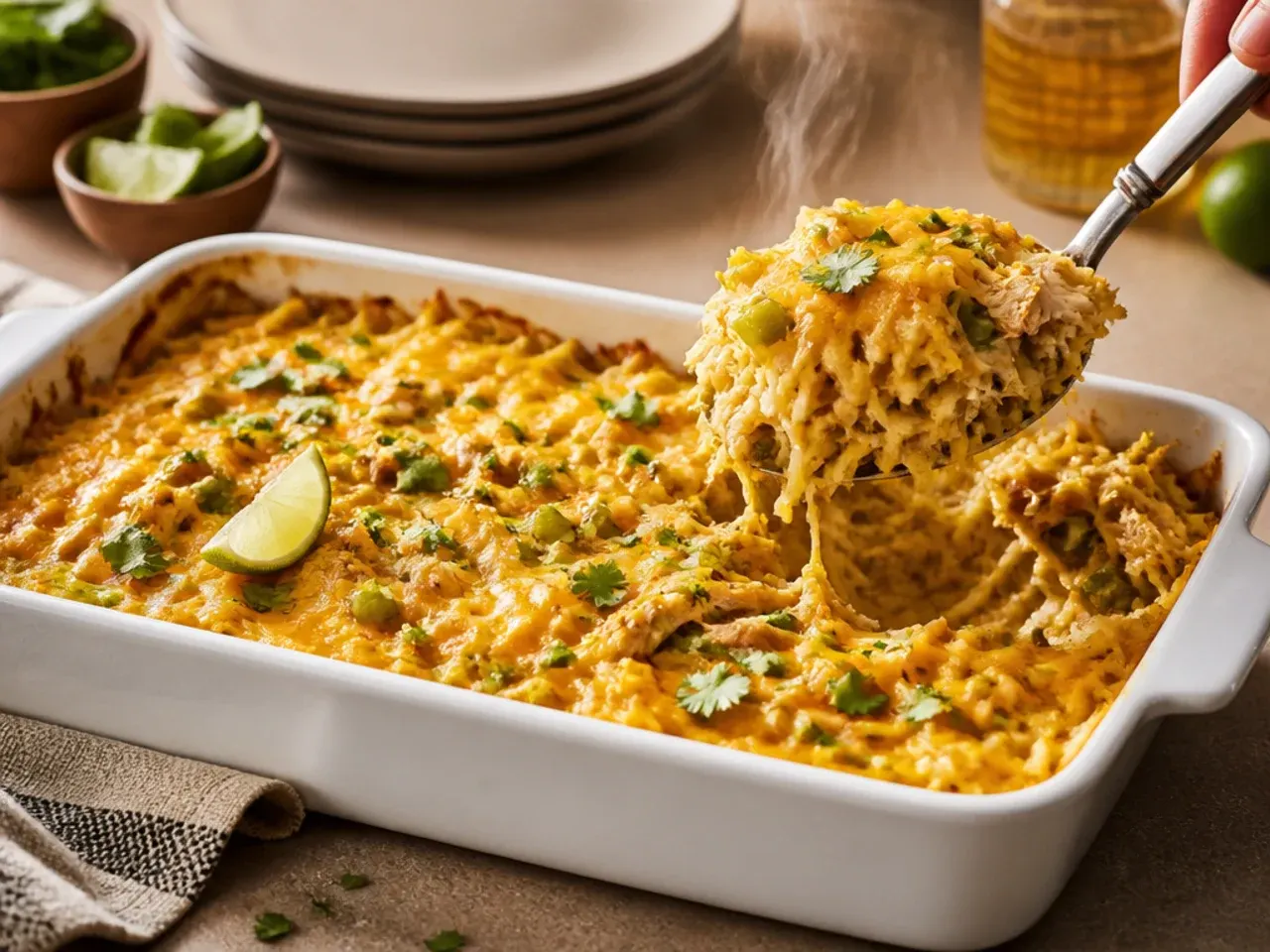 Cozy chicken and green chile hashbrown casserole with melted Monterey Jack cheese