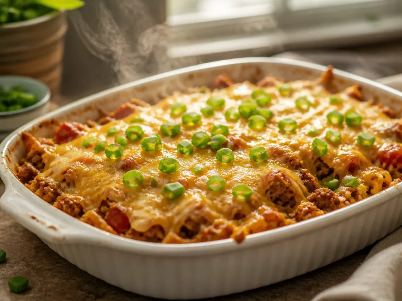 Creamy sour cream and cheddar taco hashbrown casserole in a shallow baking dish
