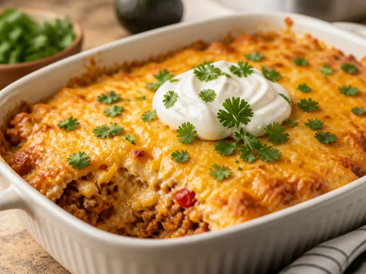 Extra-cheesy triple cheese taco hashbrown casserole with a stretchy, melted top