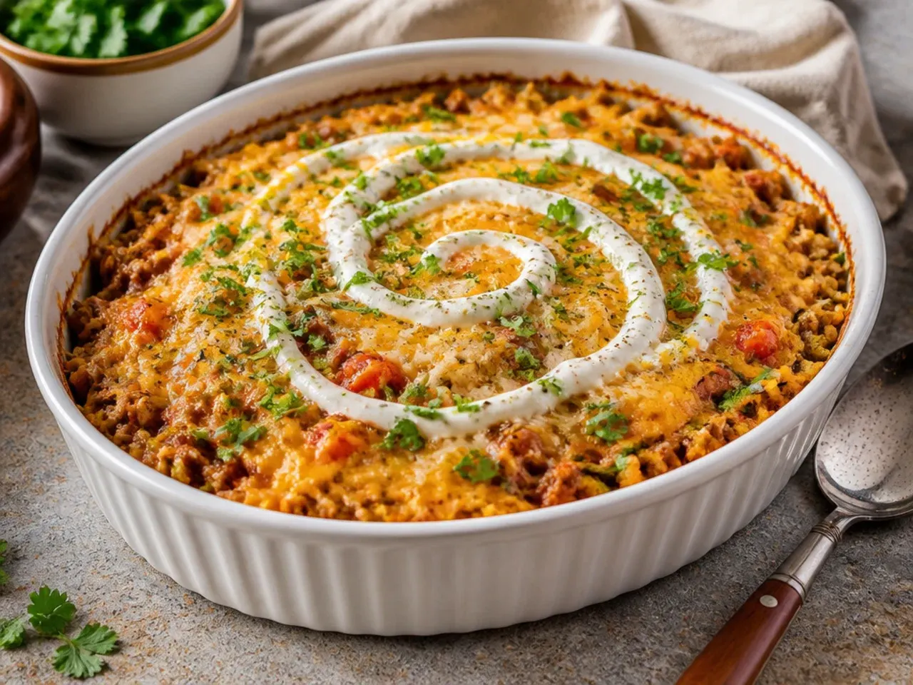 Family-style taco potato bake topped with crushed tortilla chips and spring onions