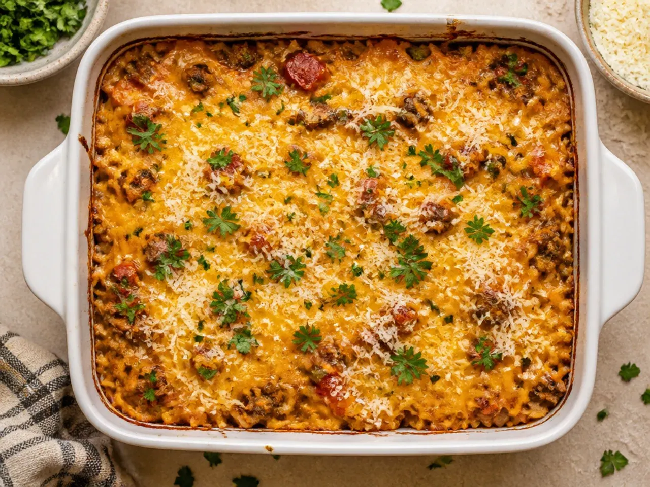 Budget-friendly ground turkey hashbrown casserole in a simple baking dish