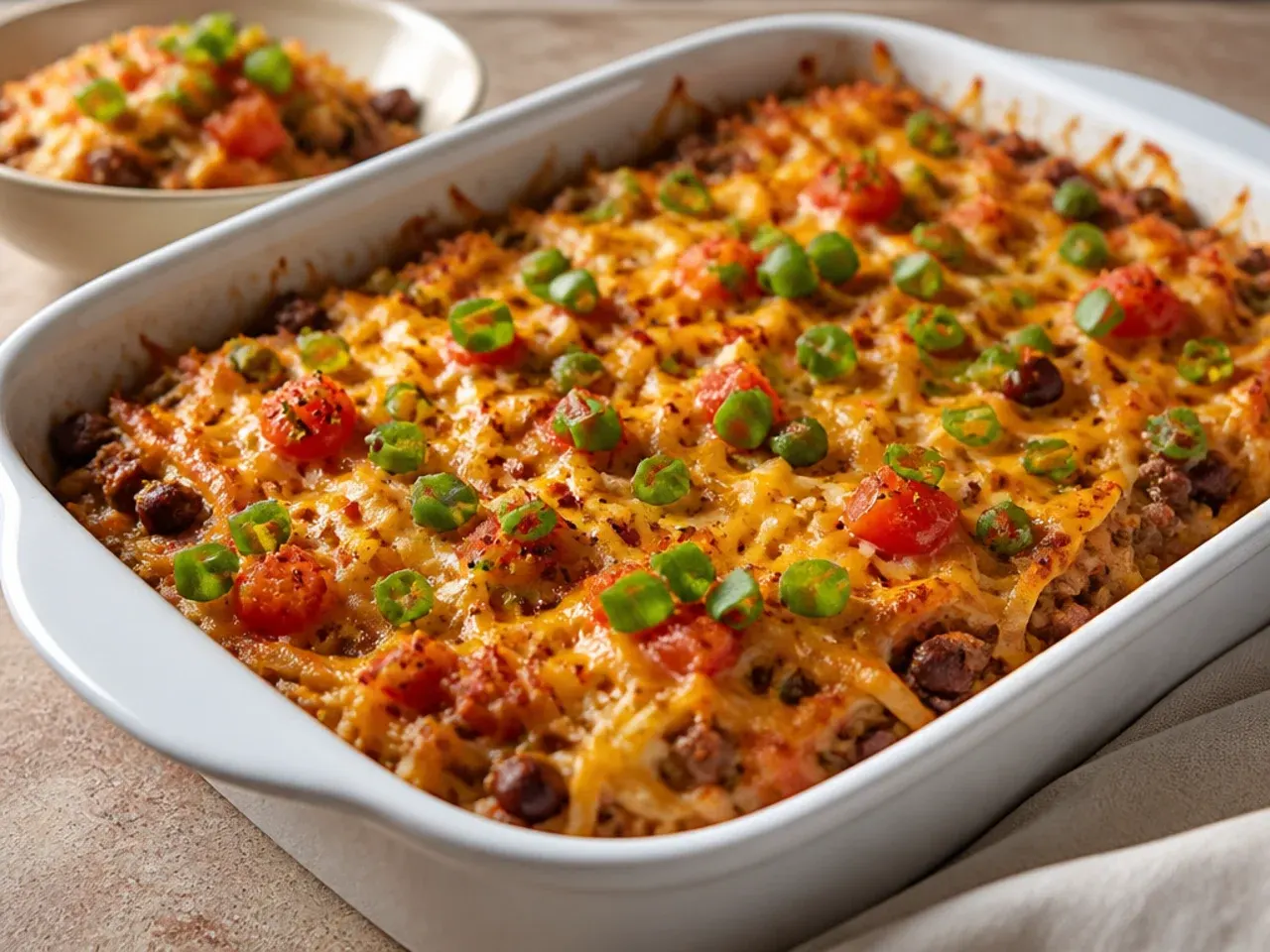 Skillet-to-oven taco hashbrown bake in a cast iron pan with bubbling melted cheese