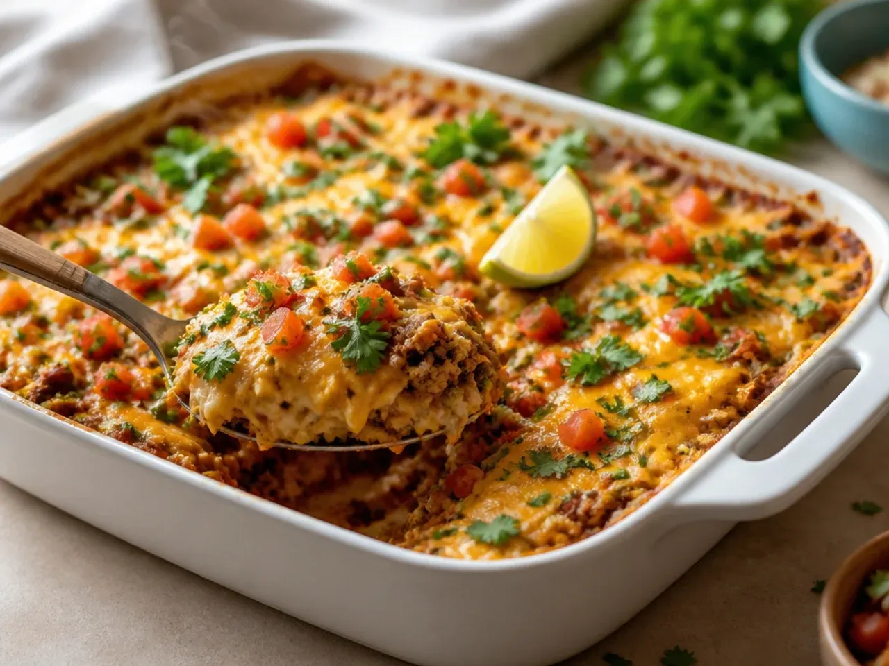 Loaded nacho-style taco hashbrown casserole topped with crushed tortilla chips and jalapenos