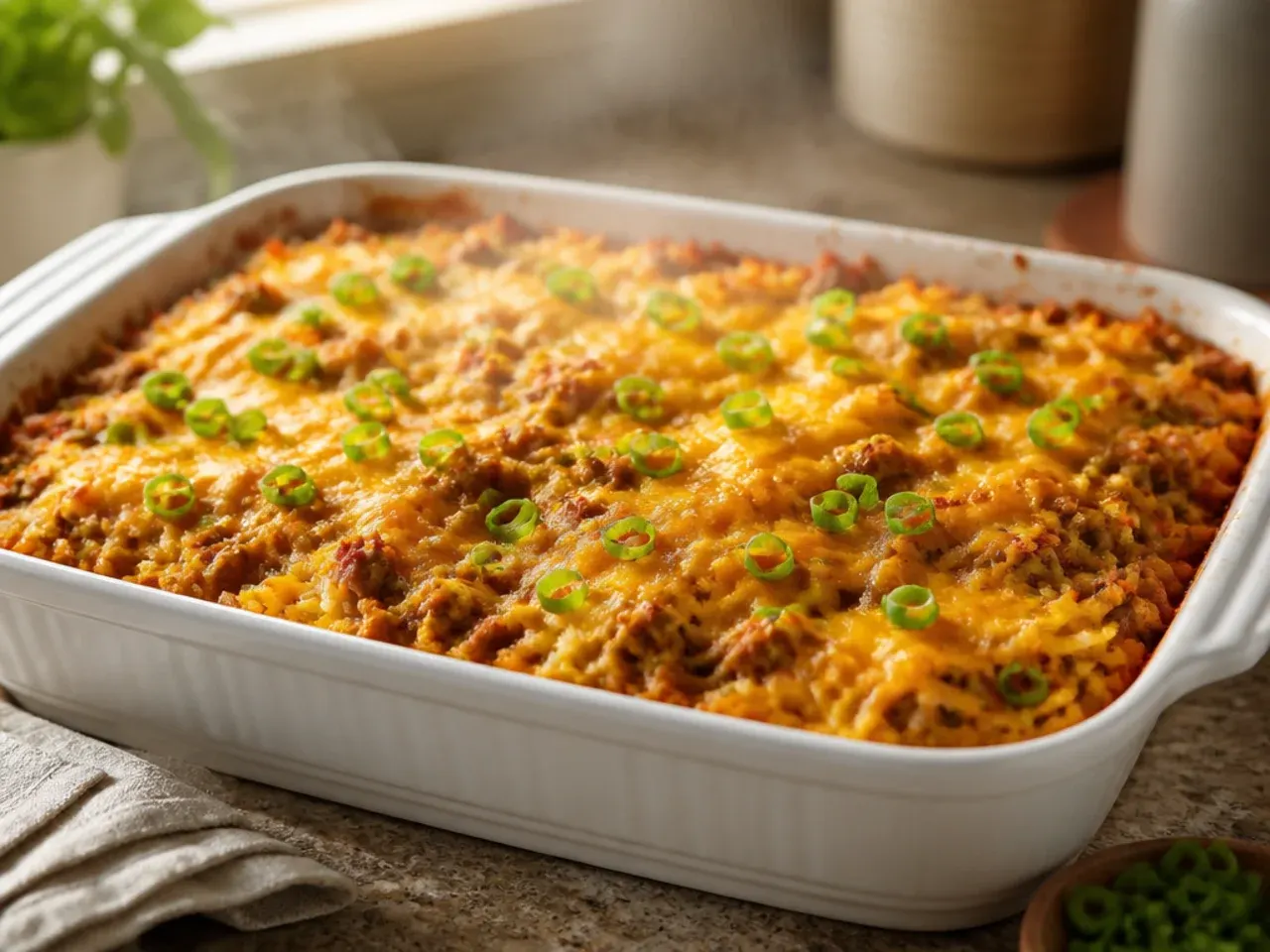 Two family-size taco hashbrown casseroles baking side by side on an oven shelf