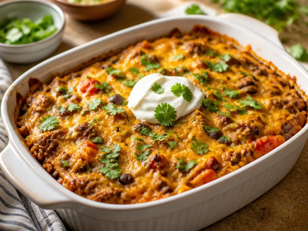 One-pot skillet taco hashbrown bake finished under the grill with golden melted cheese