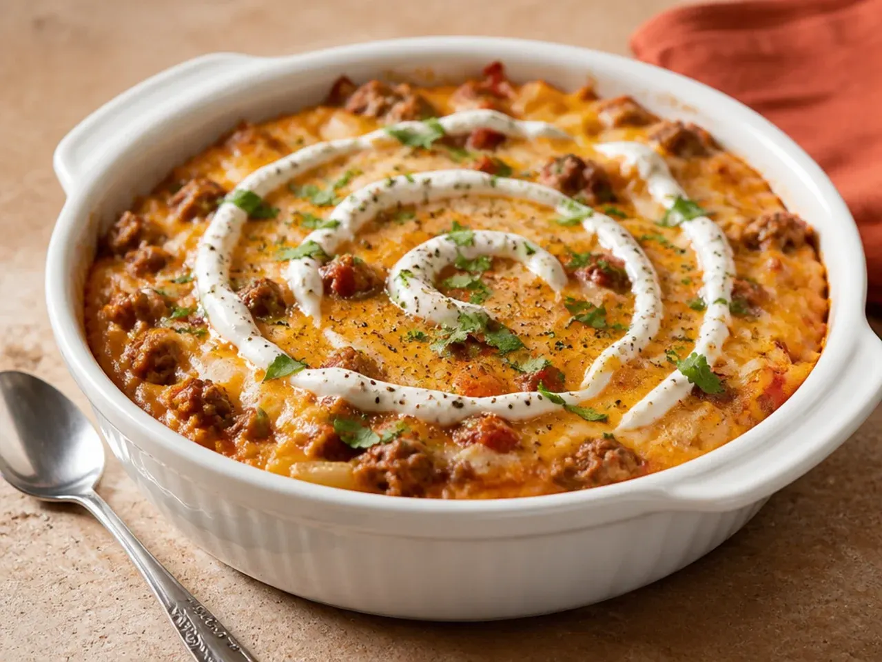 Slow-cooker taco hashbrown casserole with melted cheese scattered over the top