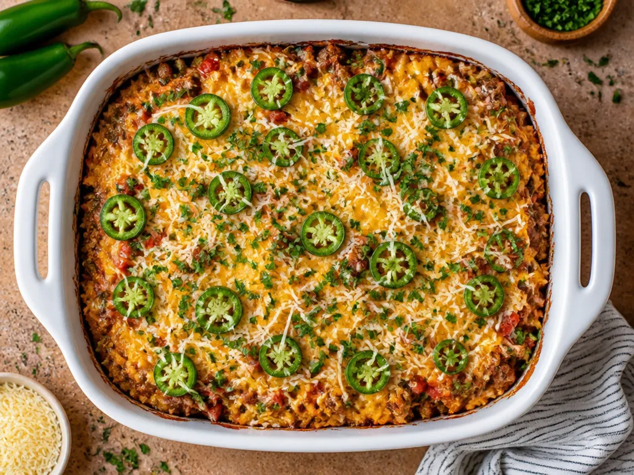 Spicy jalapeno and pepper jack taco hashbrown bake with sliced chillies on top