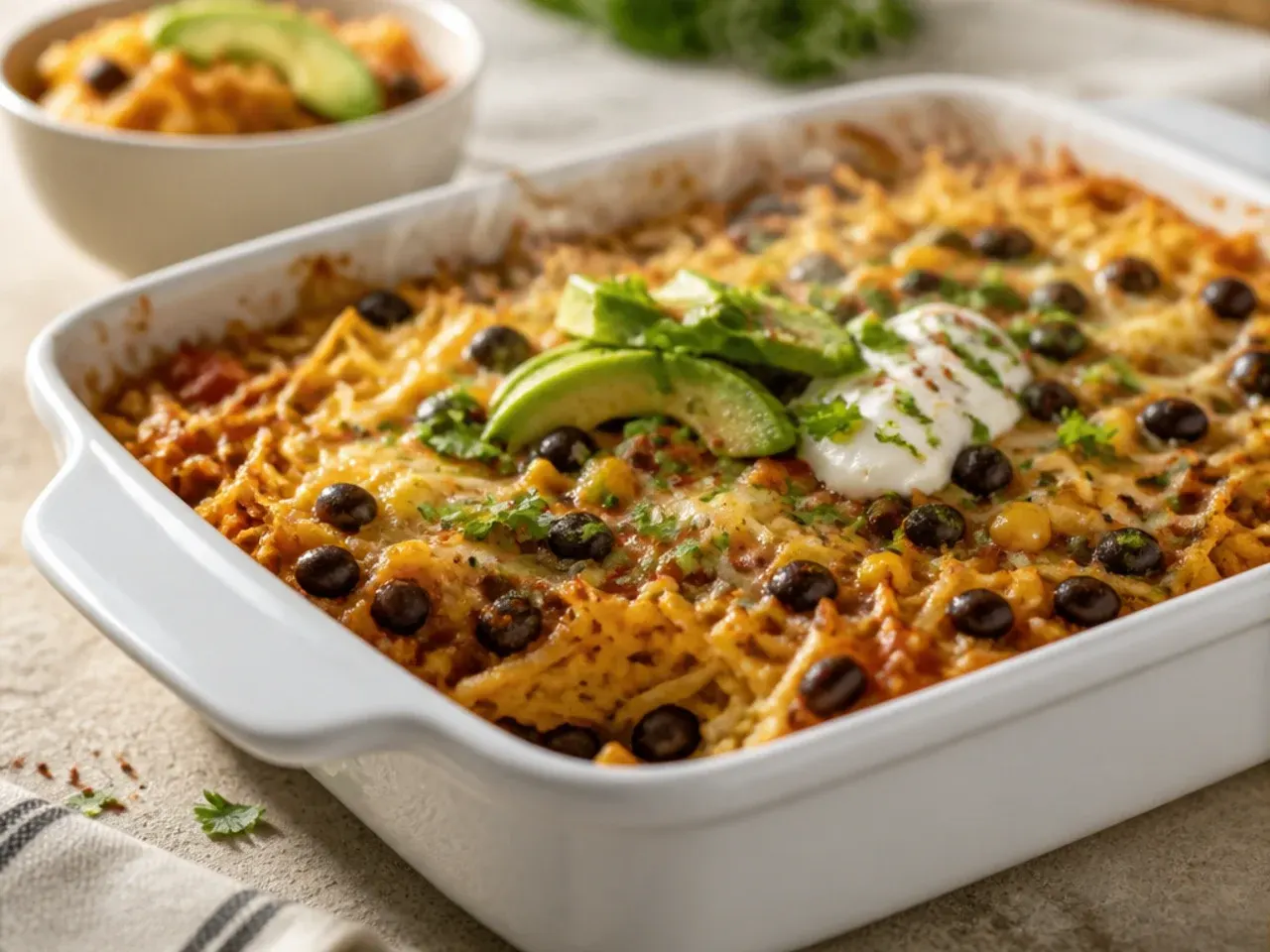 Vegetarian black bean and corn taco hashbrown casserole in a baking dish