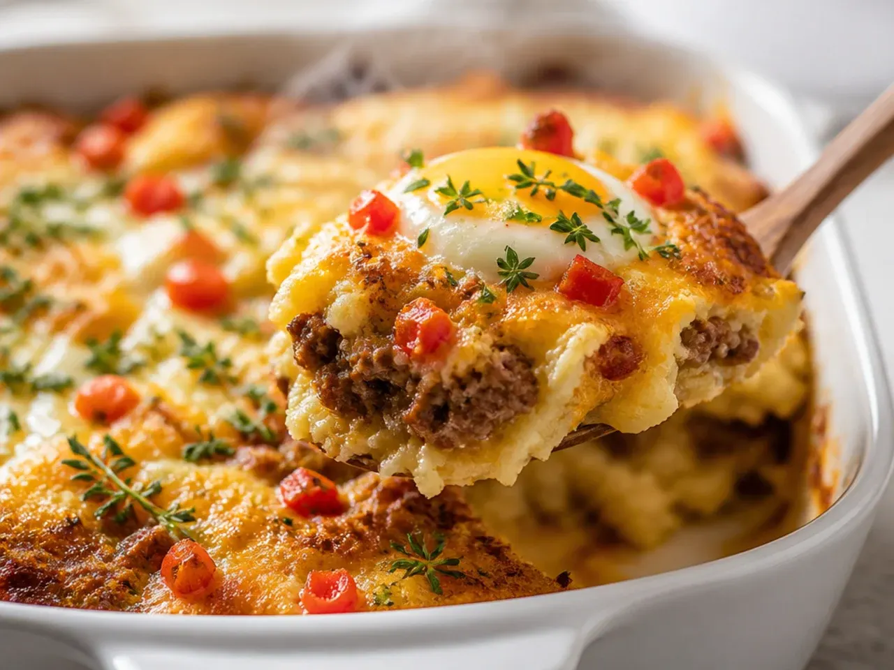 Breakfast-style taco hashbrown bake with baked eggs set into the top