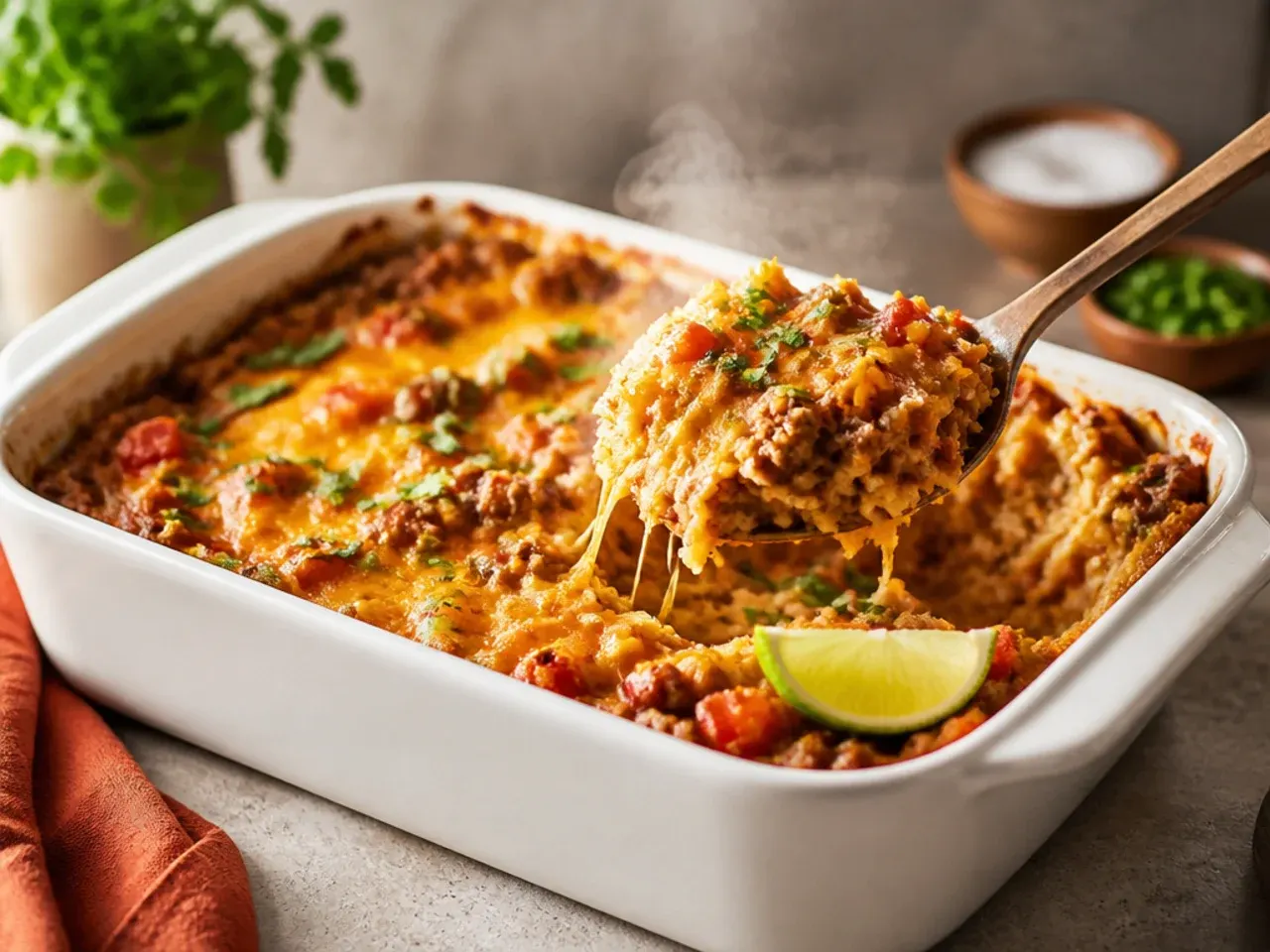 Smoky chorizo hashbrown casserole with visible orange-red spiced meat and melted cheese