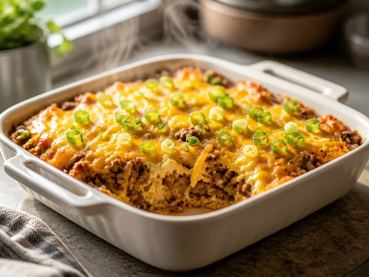 Low-carb cauliflower hashbrown casserole with melted cheese, potato-free