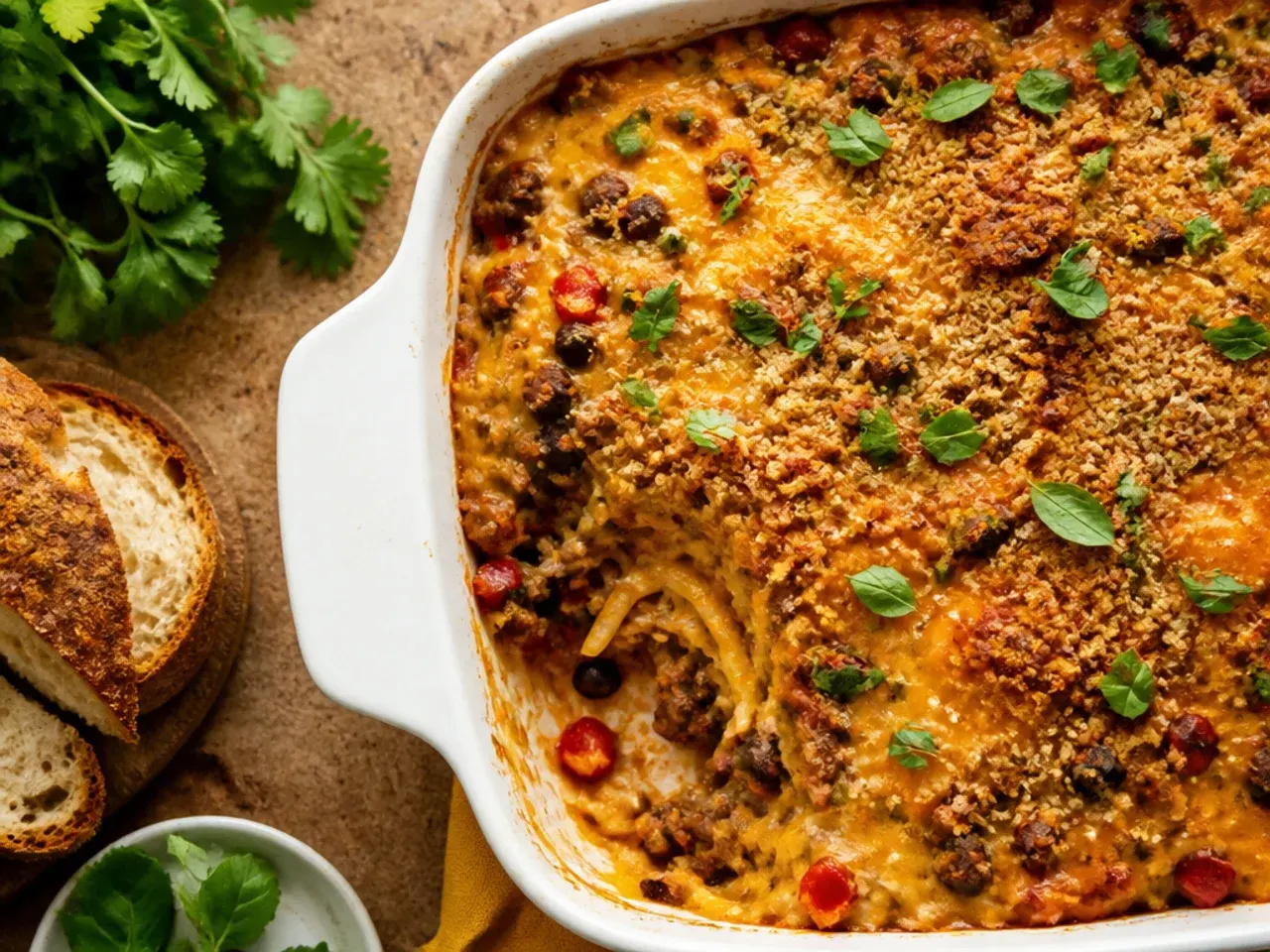 Unbaked taco hashbrown casserole assembled in a foil tray ready for the freezer