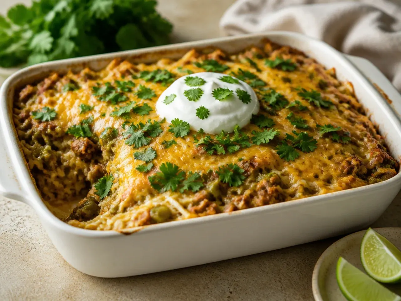 Salsa verde green chile taco hashbrown casserole garnished with coriander and lime