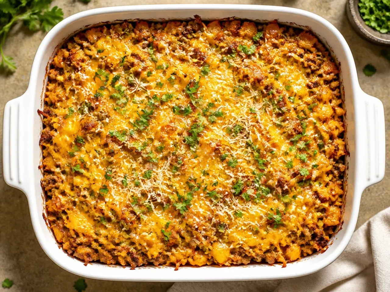 Large game-day taco hashbrown casserole in a foil pan surrounded by toppings