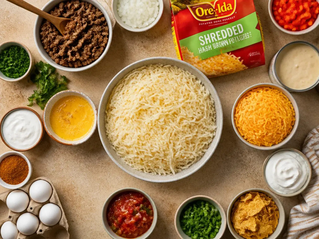 Hands scattering shredded cheese over an unbaked taco hashbrown casserole