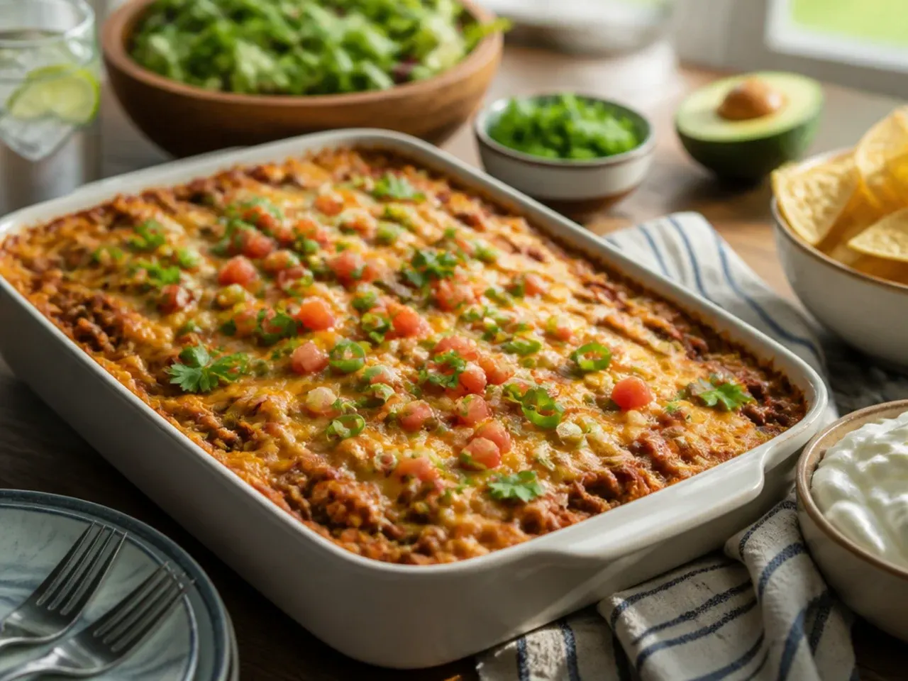 A plated serving of taco hashbrown casserole with sour cream, salsa and a side salad