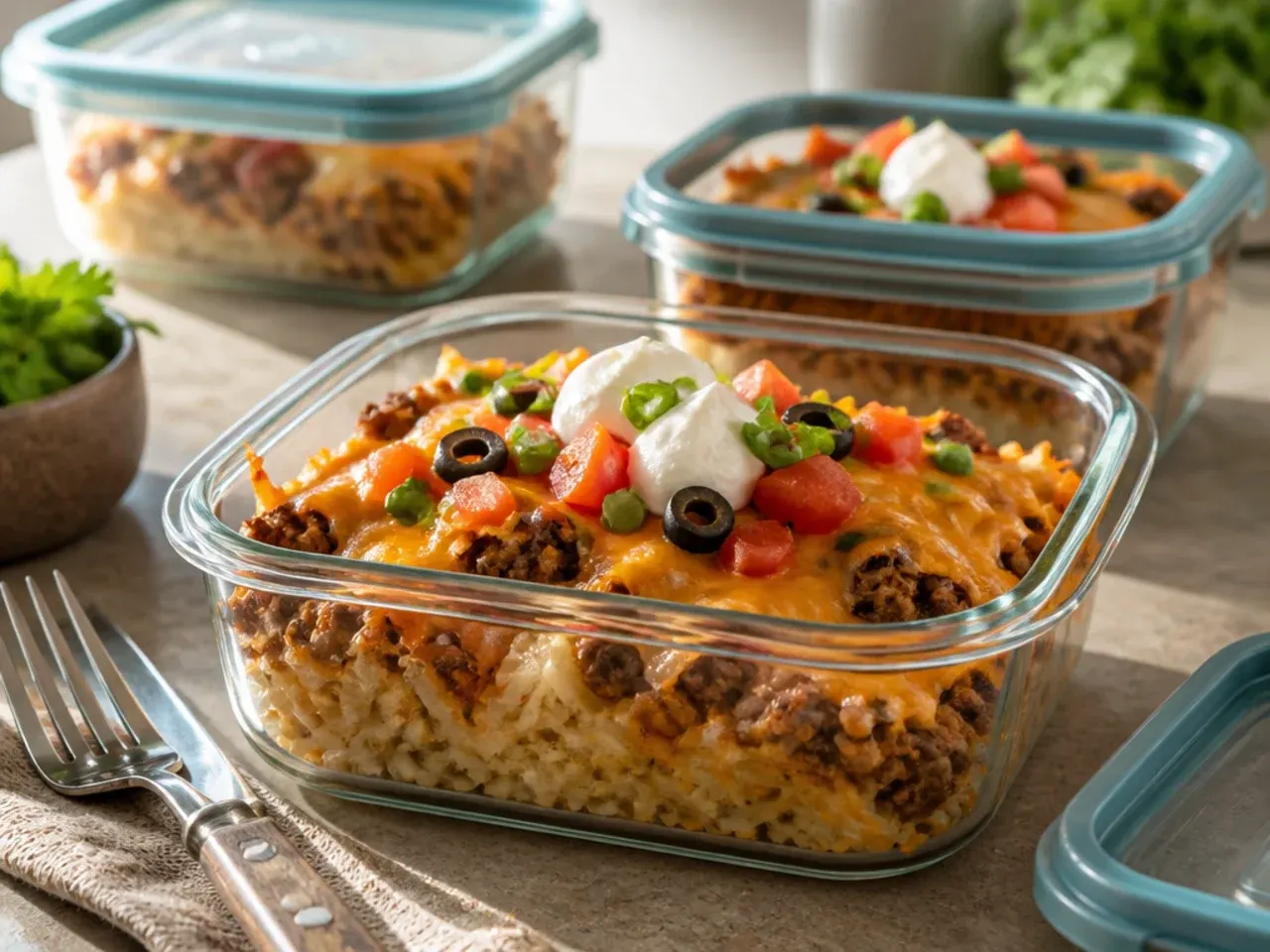 Leftover taco hashbrown casserole portioned into airtight containers for storage