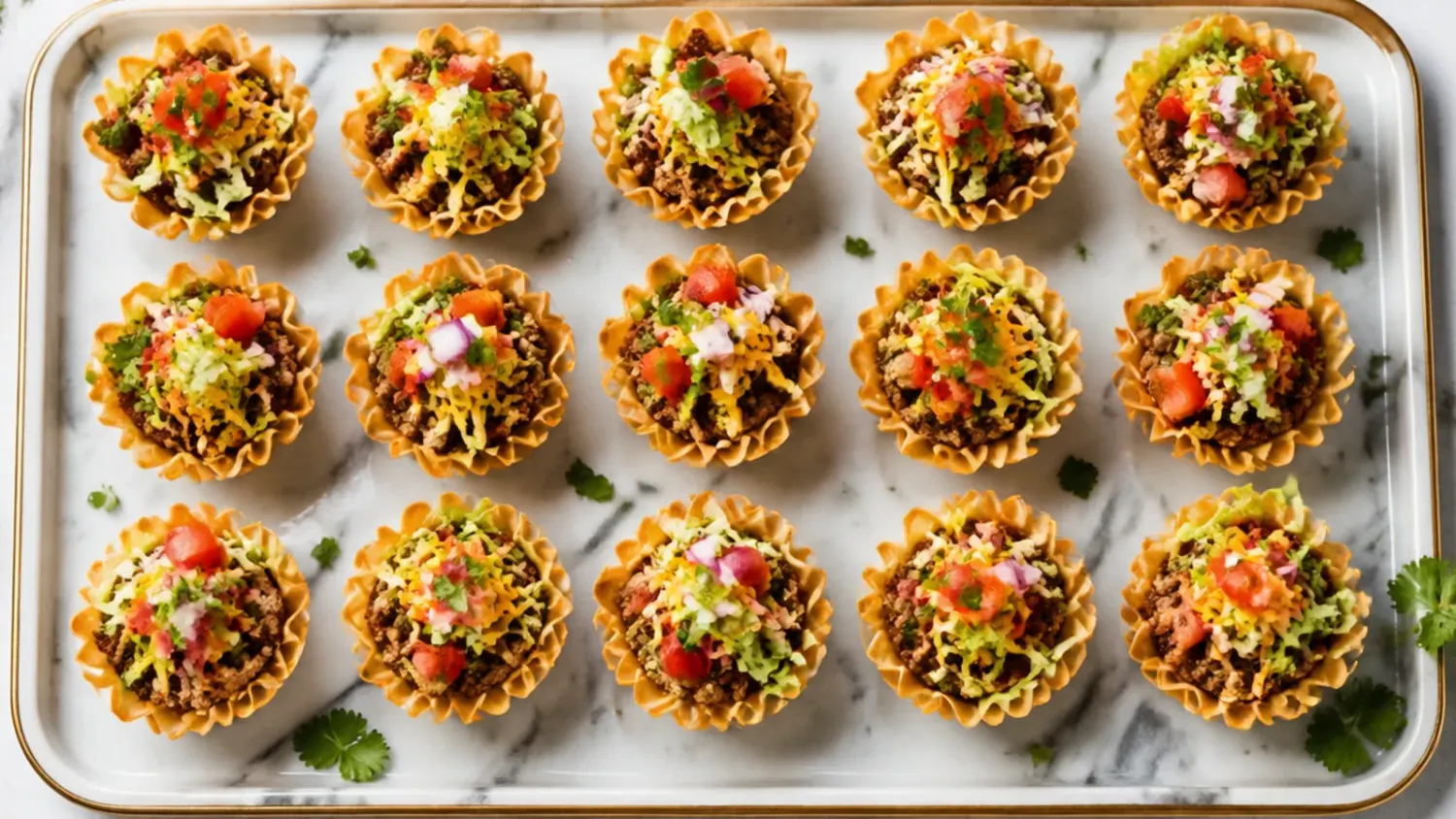 Golden mini phyllo cups filled with seasoned taco beef, melted cheddar and fresh coriander arranged on a white serving platter