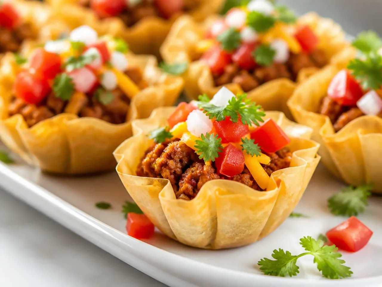 Overhead view of a party tray filled with dozens of mini taco phyllo cups