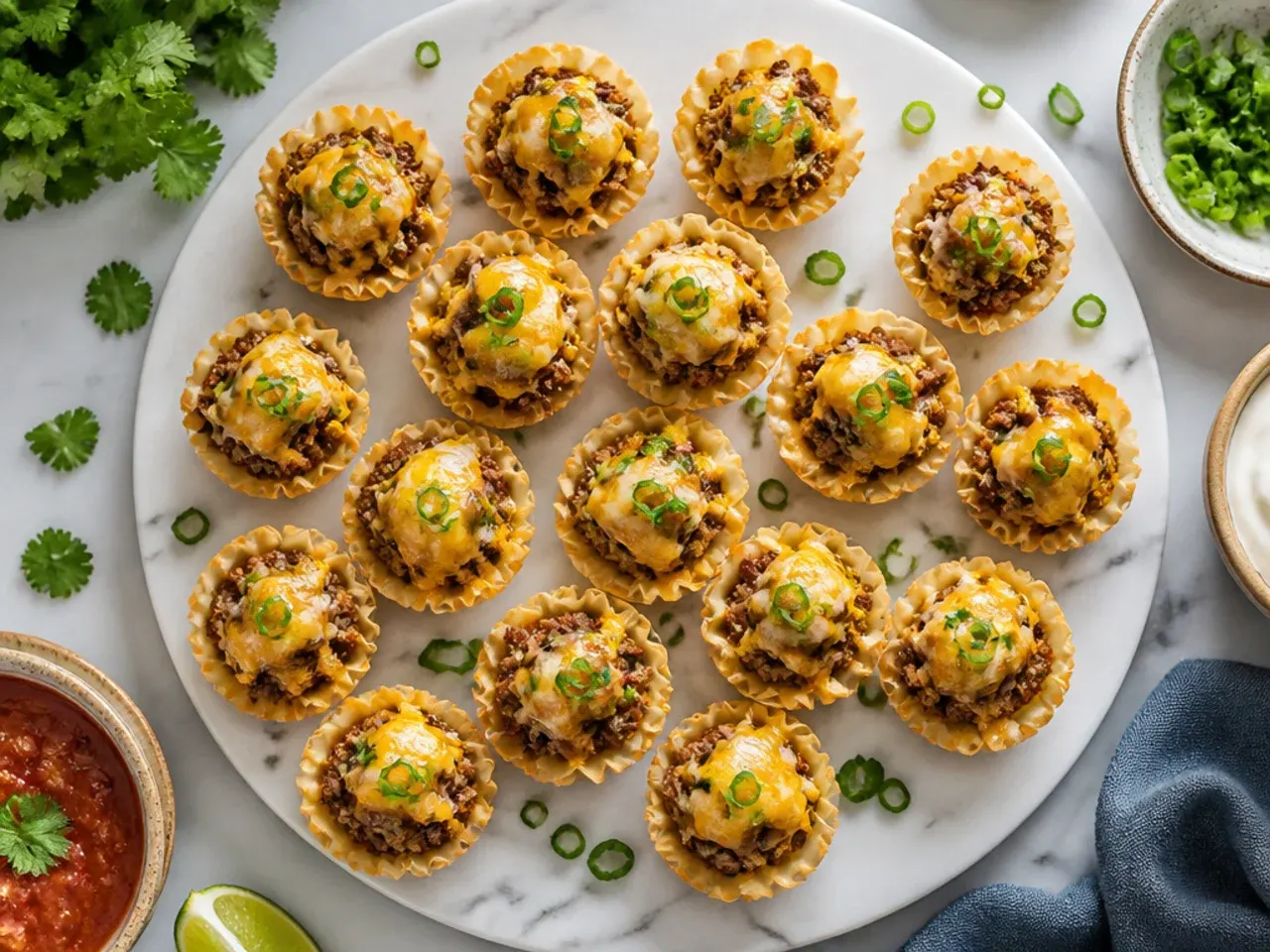 Close-up of classic beef taco phyllo cups topped with cheddar and sour cream