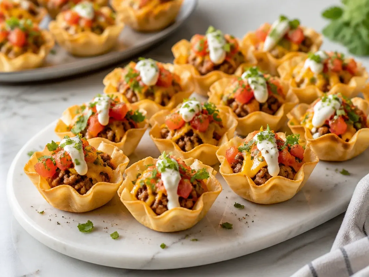 Three-ingredient taco filling being spooned into mini phyllo shells