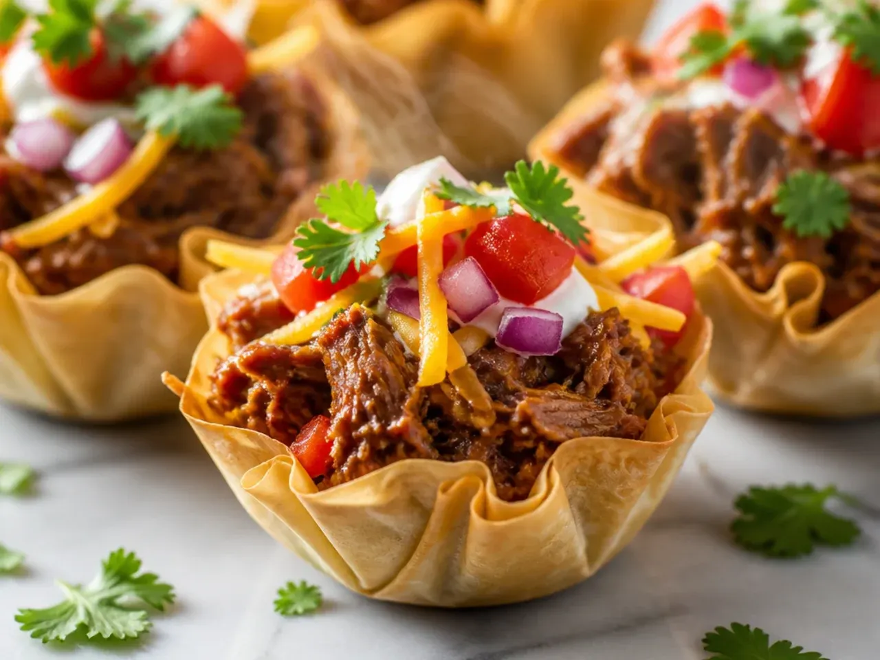 Shredded slow-cooker beef being piled into taco phyllo cups