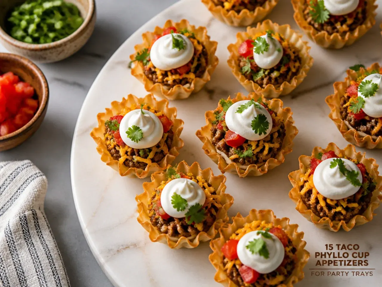 Loaded taco phyllo cups topped with lettuce, tomato, avocado and cheese