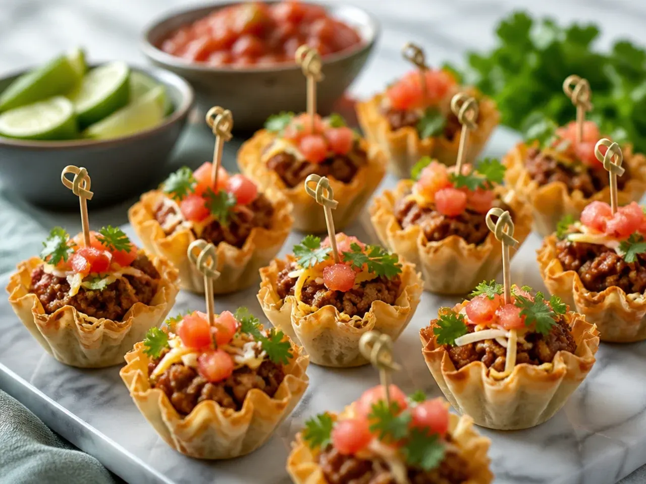 Smoky chipotle taco phyllo cups garnished with lime and soured cream