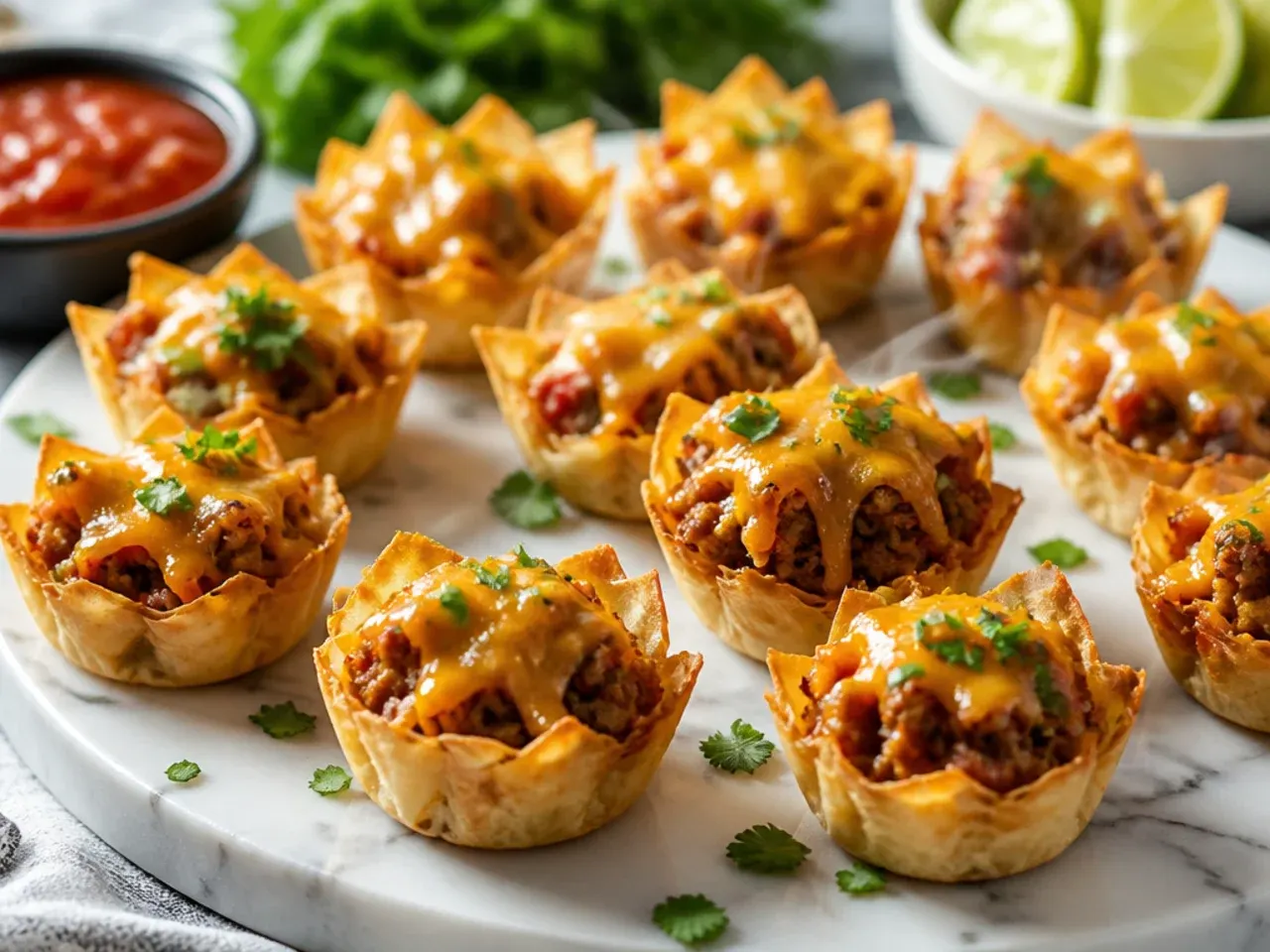 Double-cheddar taco phyllo cups with bubbling melted cheese on top