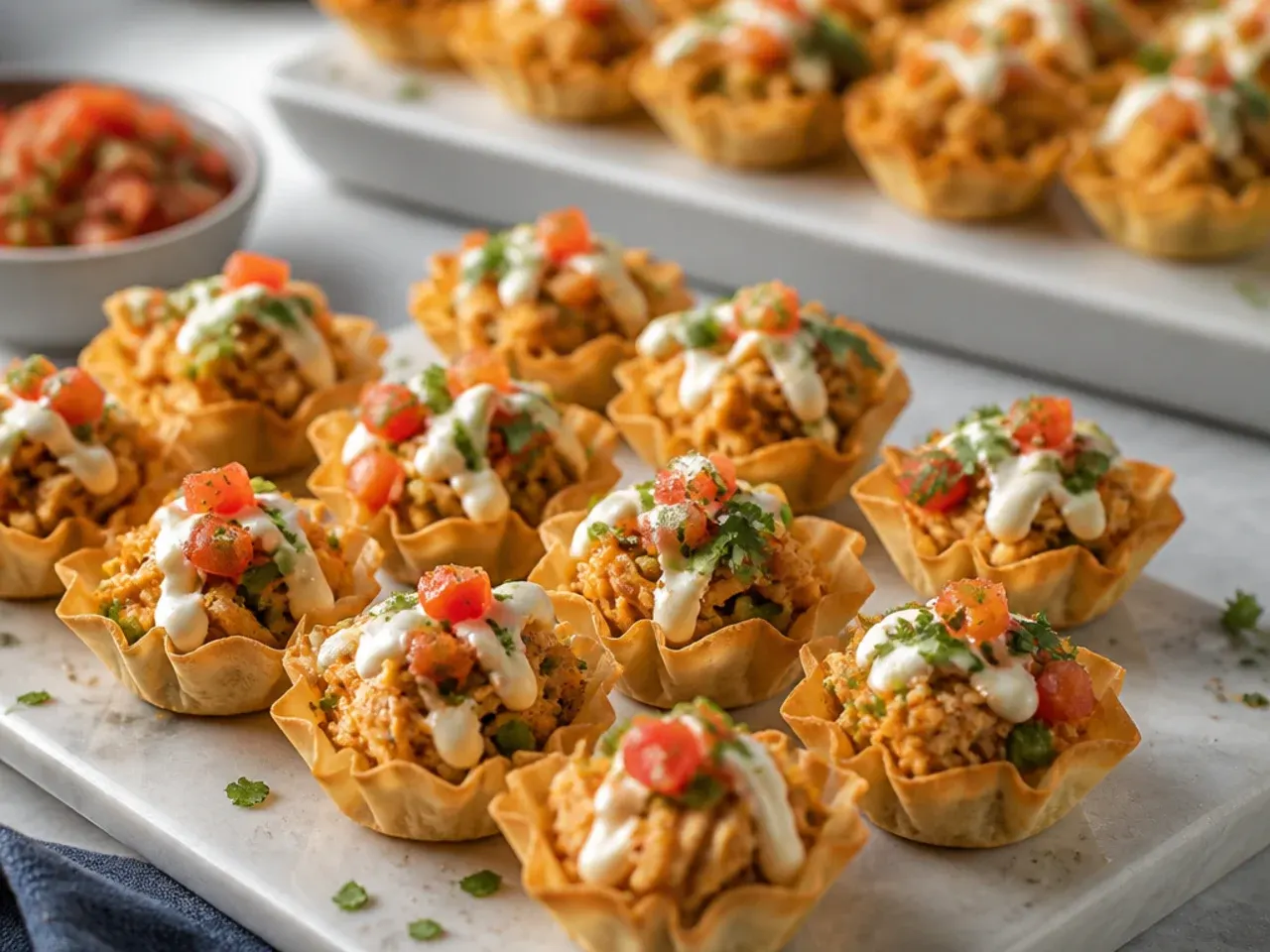 Shredded chicken taco phyllo cups topped with cheese and coriander