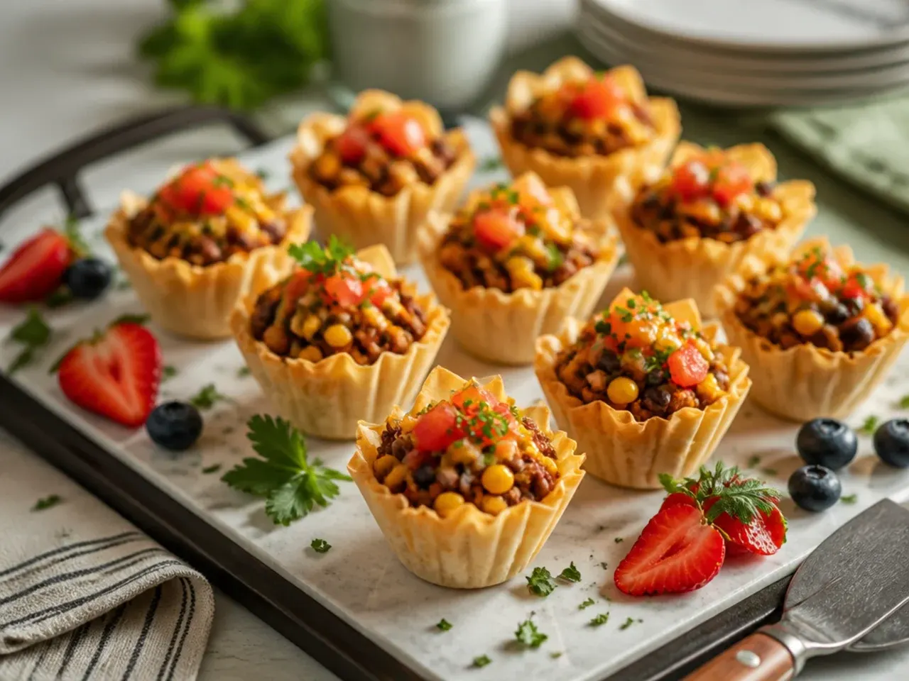 Mild turkey taco filling in a pan next to a tray of empty phyllo shells