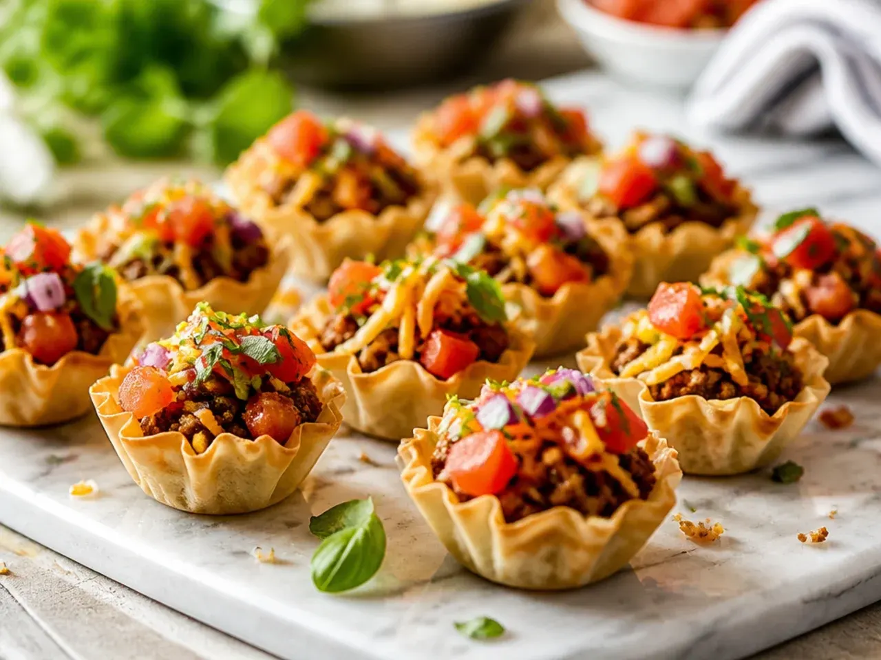 Festive taco phyllo cups arranged in a wreath shape with a salsa bowl in the centre