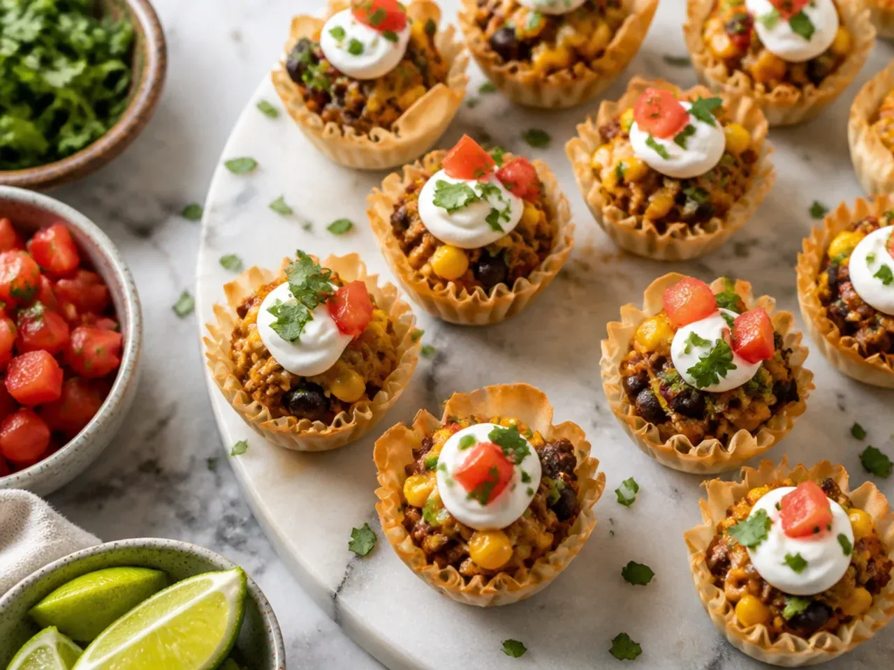 A fast batch of taco phyllo cups fresh out of the oven with melted cheese