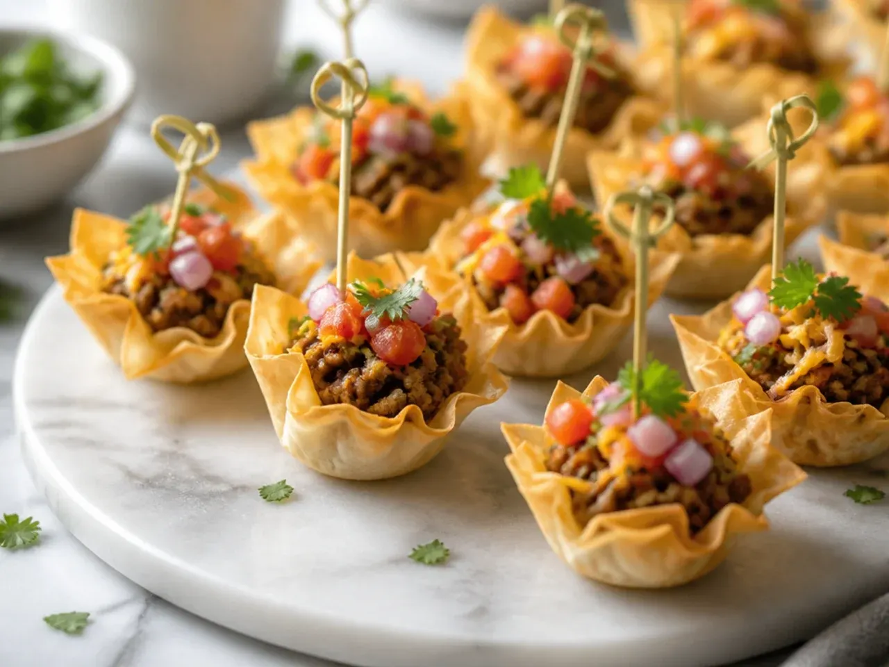 Hand-pressed homemade phyllo shells in a mini muffin tin before baking