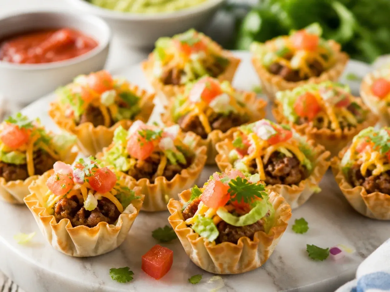 Taco phyllo cups served on a platter with small bowls of salsa and guacamole