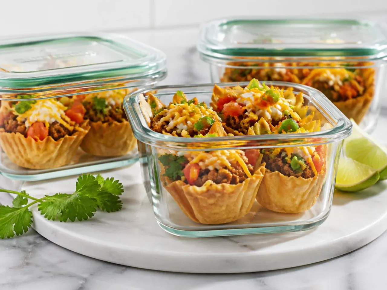 Baked taco phyllo cups being reheated on a baking tray in the oven