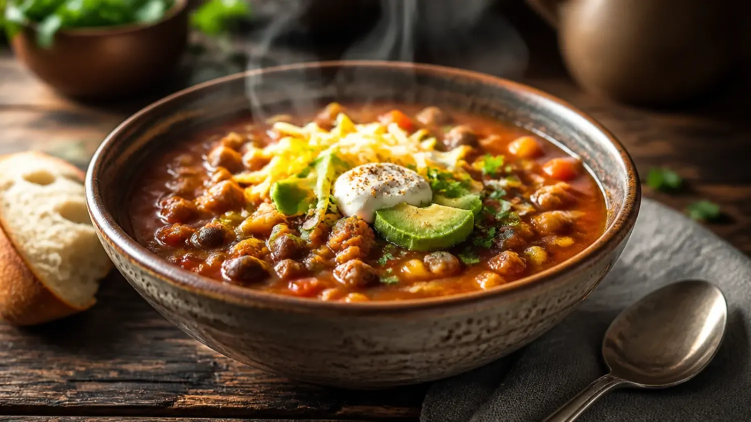 A bowl of taco soup crock pot recipe topped with melted cheddar, soured cream, crushed tortilla chips and sliced spring onion, slow cooker in the background