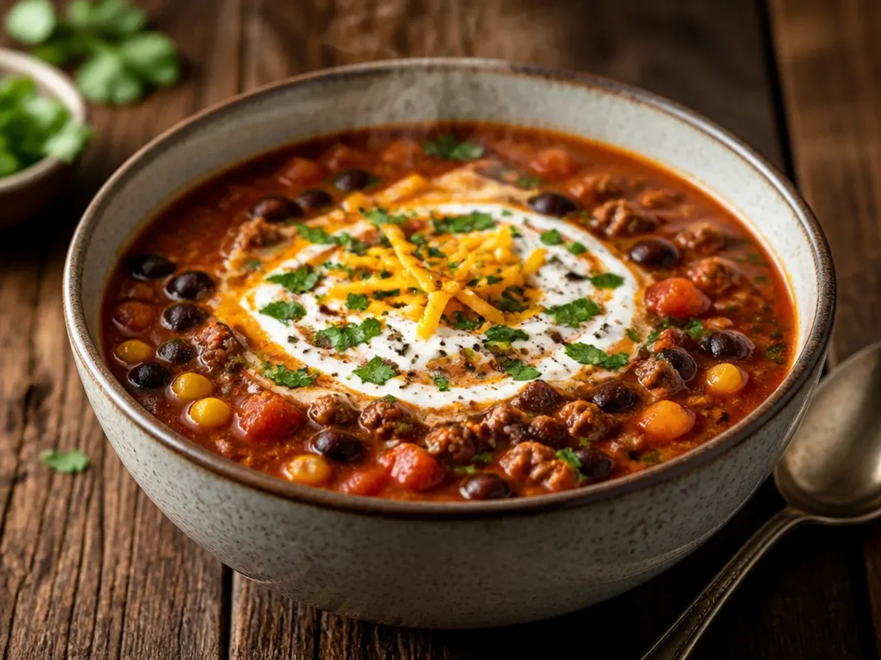Overhead shot of a slow cooker filled with steaming taco soup surrounded by bowls of toppings