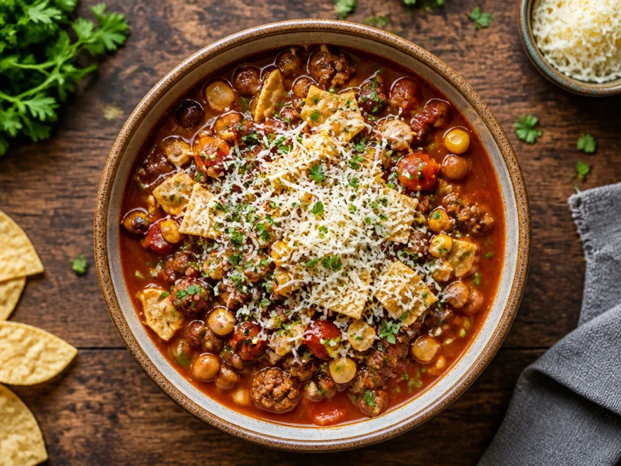Bowl of classic ground beef taco soup topped with cheese and soured cream